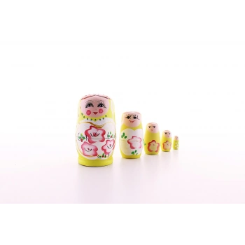 Ahşap Tombul İç İçe Matruşka Bebek Sarı Set 5li Büyük Boy