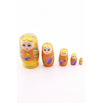 Ahşap Tombul İç İçe Matruşka Bebek Turuncu Set 5li Büyük Boy