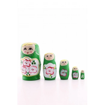 Ahşap Tombul İç İçe Matruşka Bebek Yeşil Set 5li Büyük Boy