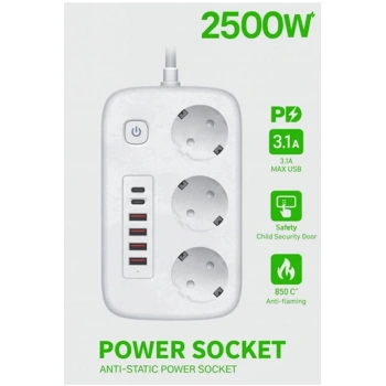  akım Korumalı Priz Ve Masaüstü Şarj İstasyonu Kablosuz 3 Priz ,4 Usb, 2 Type-c Girişli 2 Metre