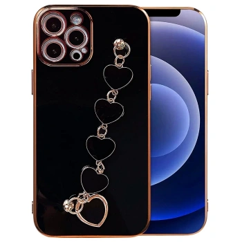 Ally İphone 12 Pro 6.1inç Kılıf Kalp Bileklik Tutuculu Lüx Silikon Askılı Kılıf