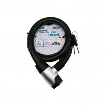 ANAHTARLI METAL KAPLAMA KAFA ÇEK-İT KİLİT KAPAK MOTOR - BİSİKLET KİLİT ÇELİK TEL SİYAH ŞEFFAF KILIF 24MMX100CM (4887)