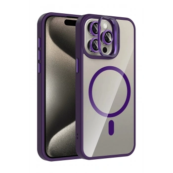 Apple iPhone 14 Pro Max Remim Lensli Magsafe Standlı Kapak - Derin Mor