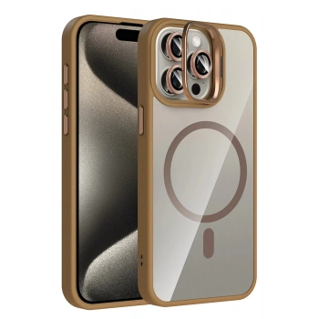 Apple iPhone 14 Pro Max Remim Lensli Magsafe Standlı Kapak - Kahverengi