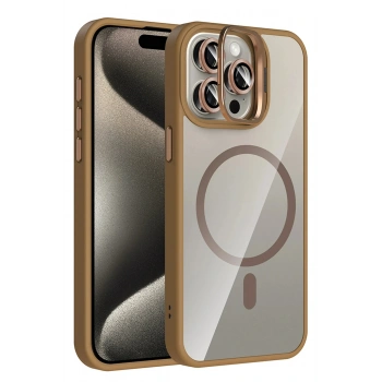 Apple iPhone 14 Pro Max Remim Lensli Magsafe Standlı Kapak - Kahverengi