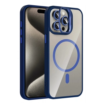 Apple iPhone 14 Pro Max Remim Lensli Magsafe Standlı Kapak - Lacivert