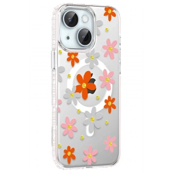 Apple iPhone 15 Floral Magsafe Kapak - Turuncu