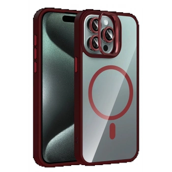 Apple iPhone 15 Pro Max Remim Lensli Magsafe Standlı Kapak - Bordo