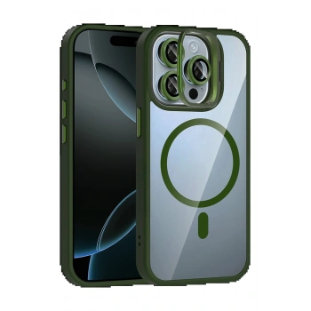 Apple iPhone 15 Pro Max Remim Lensli Magsafe Standlı Kapak - Koyu Yeşil