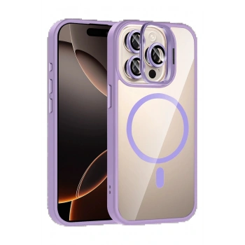 Apple iPhone 15 Pro Max Remim Lensli Magsafe Standlı Kapak - Lila