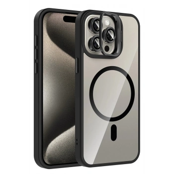 Apple iPhone 15 Pro Max Remim Lensli Magsafe Standlı Kapak - Siyah
