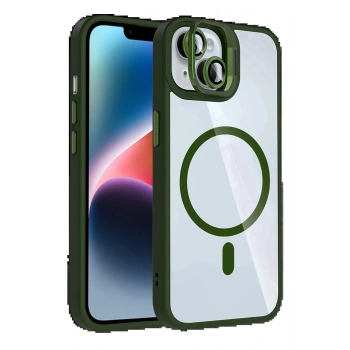 Apple iPhone 15 Remim Lensli Magsafe Standlı Kapak - Koyu Yeşil