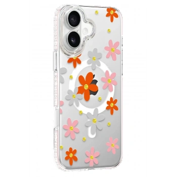 Apple iPhone 16 Floral Magsafe Kapak - Turuncu