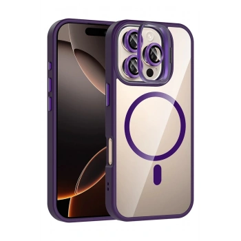 Apple iPhone 16 Pro Max Remim Lensli Magsafe Standlı Kapak - Derin Mor