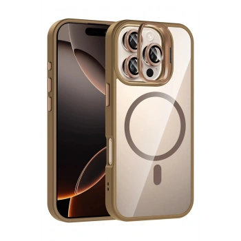 Apple iPhone 16 Pro Remim Lensli Magsafe Standlı Kapak - Kahverengi