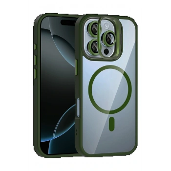 Apple iPhone 16 Pro Remim Lensli Magsafe Standlı Kapak - Koyu Yeşil