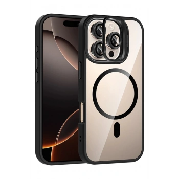 Apple iPhone 16 Pro Remim Lensli Magsafe Standlı Kapak - Siyah