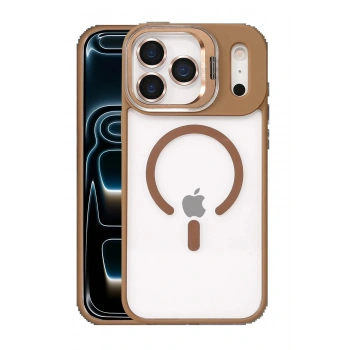 Apple iPhone 17 Pro Max Remim Lensli Magsafe Standlı Kapak - Kahverengi