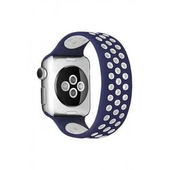 Apple Watch 38mm Ayarlı Delikli Silikon Kordon - Lacivert-Beyaz