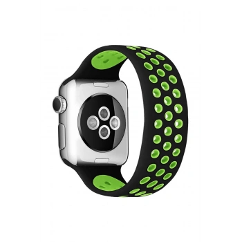 Apple Watch 38mm Ayarlı Delikli Silikon Kordon - Siyah-Yeşil