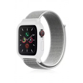 Apple Watch 38mm Hasırlı Cırtcırtlı Kasalı Kordon - Beyaz