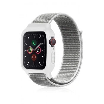 Apple Watch 38mm Hasırlı Cırtcırtlı Kasalı Kordon - Beyaz