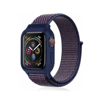 Apple Watch 38mm Hasırlı Cırtcırtlı Kasalı Kordon - Lacivert-Mürdüm