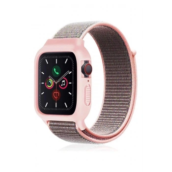 Apple Watch 38mm Hasırlı Cırtcırtlı Kasalı Kordon - Pembe