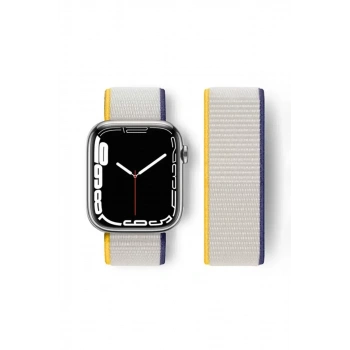 Apple Watch 38mm Hasırlı Cırtcırtlı Kordon - Sarı-Beyaz