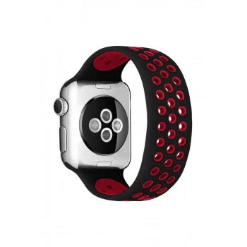 Apple Watch 42mm Ayarlı Delikli Silikon Kordon - Siyah-Kırmızı