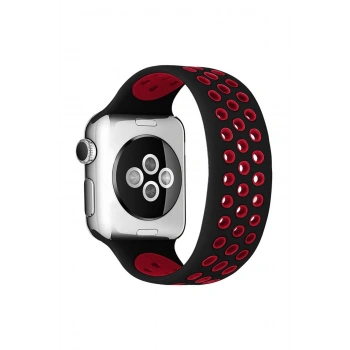 Apple Watch 42mm Ayarlı Delikli Silikon Kordon - Siyah-Kırmızı