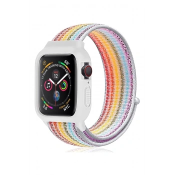 Apple Watch 42mm Hasırlı Cırtcırtlı Kasalı Kordon - Gökkuşağı 2