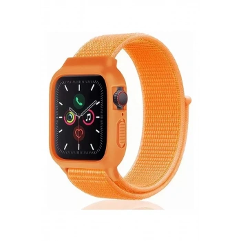 Apple Watch 42mm Hasırlı Cırtcırtlı Kasalı Kordon - Turuncu