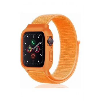 Apple Watch 42mm Hasırlı Cırtcırtlı Kasalı Kordon - Turuncu
