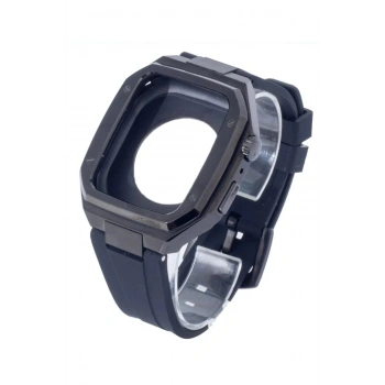 Apple Watch 44mm KR402 Metal Kasa Silikon Kordon - Siyah
