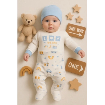 Araba Desenli Mavi 2li Şapkalı Erkek Bebek Tulumu