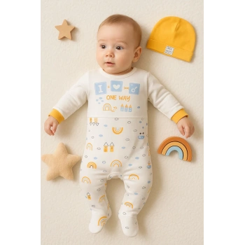 Araba Desenli Sarı 2li Şapkalı Erkek Bebek Tulumu