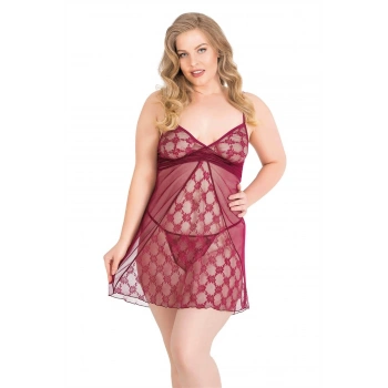 MARSiLYAN- Büyük Beden Bordo Kısa Tül Gecelik