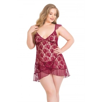 MARSiLYAN- Büyük Beden Bordo Kısa Tül Gecelik