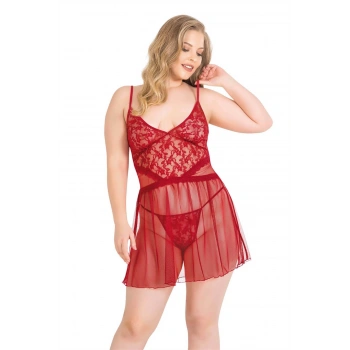 MARSiLYAN- Büyük Beden Kırmızı Kısa Tül Gecelik