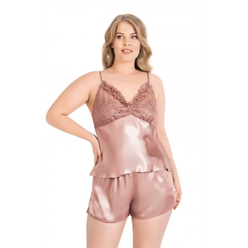 MARSiLYAN- Büyük Beden Vizon Saten Babydoll Şort Takımı