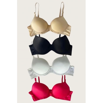 MARSiLYAN- Siyah-Beyaz-Kırmızı-Ten 4lü Dolgulu Push Up Micro Balenli Günlük Tek Destekli Sütyen