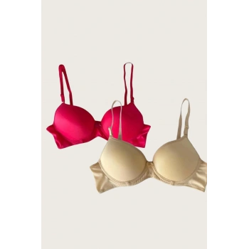 MARSiLYAN- Ten-Kırmızı 2li Mikro Kumaş Push Up Dolgulu Balenli Günlük Destekli Sütyen