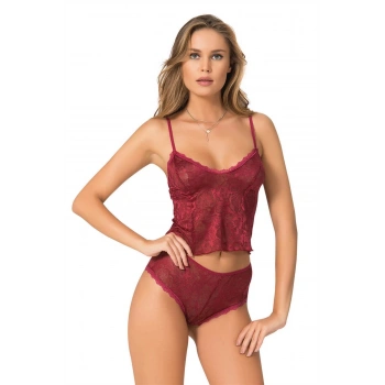 MARSİLYAN-Bordo Jakarlı Babydoll Şort Takımı