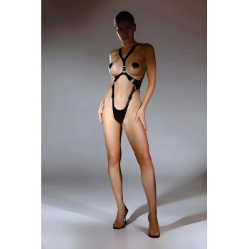 Arkadan Tasma Halkalı Fantazi Deri String Body Harness Takım - Brf1102