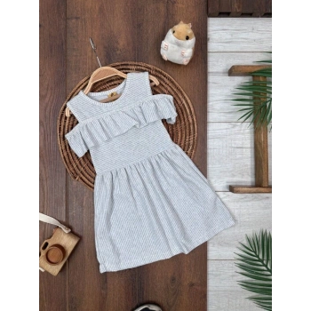 ASKILI ELBİSE KIZ ÇOCUK GRİ PAMUKLU,YAZLIK KIZ ÇOCUK ÇİZGİLİ DESENLİ ELBİSE