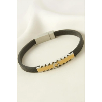 Ay Yıldız Deri Çelik Bileklik