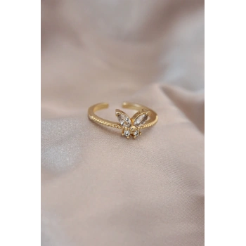 Ayarlamalı Altın Renk Metal Zirkon Taş ve Kristal Taşlı Kelebek Model Yüzük - TJ-BYK2053