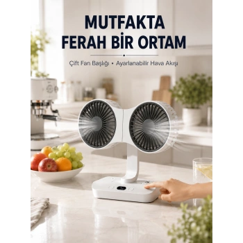 Ayarlanabilir Çift Fan Başlıklı Şarjlı Masa Vantilatörü