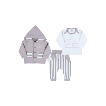 Ayıcık Nakışlı Hırkalı % 100 Pamuk Erkek Bebek Takım